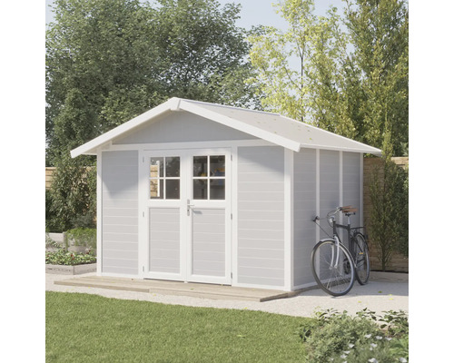 Tuinhuis met dubbele deur en fiets aan de zijkant