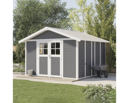 Tuinhuis met dubbele deur en zadeldak in de tuin