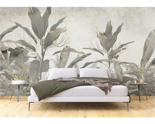Slaapkamer met botanisch fotobehang in jungle stijl