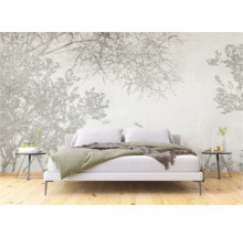 Slaapkamer met fotobehang met bloemmotief en tweepersoonsbed