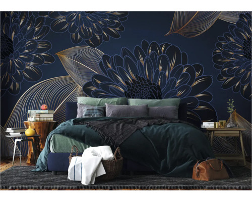 Slaapkamer met bloemen fotobehang, bed en nachtkastjes