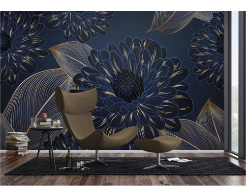 Woonkamer met bloemen fotobehang, fauteuil en vloerkleed