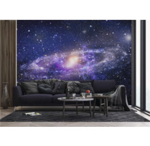 Woonkamer met galaxy fotobehang, bank en salontafels.