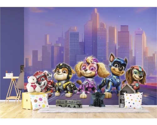 Fotobehang met Paw Patrol-motief en stadsgezicht op de achtergrond
