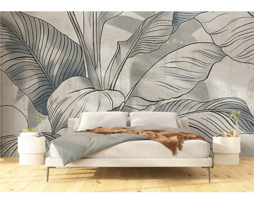 Slaapkamer met fotobehang met bloemmotief, bed en nachtkastjes