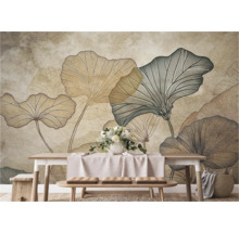 Wandschildering met plantmotieven en eettafel in de woonkamer