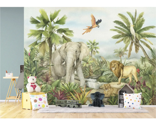 Kinderkamer met junglebehang met een olifant, een leeuw en andere dieren
