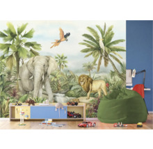 Kinderkamer met jungle fotobehang met een olifant, een leeuw en verschillende vogels
