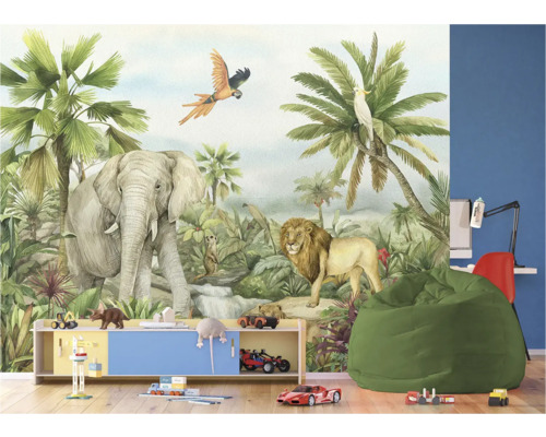 Kinderkamer met jungle fotobehang met een olifant, een leeuw en verschillende vogels