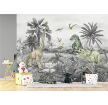 Decoratieve kinderkamer met dinosaurusbehang dat een prehistorische scène weergeeft