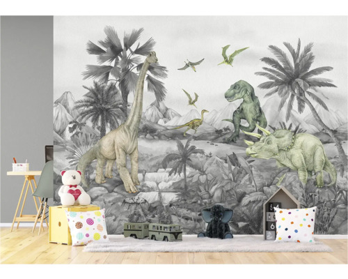 Decoratieve kinderkamer met dinosaurusbehang dat een prehistorische scène weergeeft