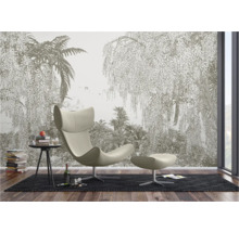 Woonkamer met fotobehang met jungle-motief, fauteuil, bijzettafel en vloerkleed