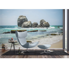 Fotobehang met strandmotief, rotsen in de zee en interieur
