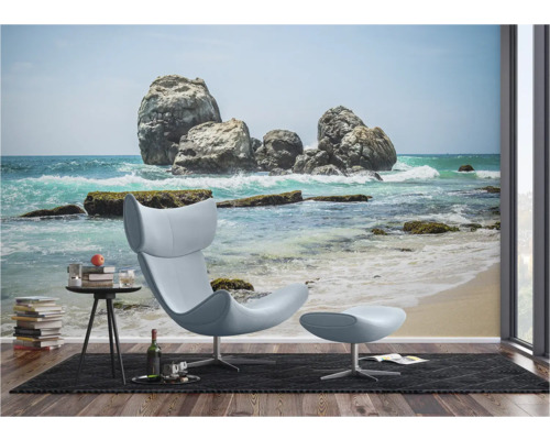 Fotobehang met strandmotief, rotsen in de zee en interieur