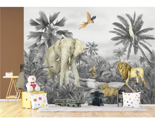 Fotobehang met jungle motieven met olifant, leeuw, meerkat en papegaai in de kinderkamer