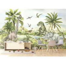 Kinderkamer met dinosaurierbehang, kast en speelgoed