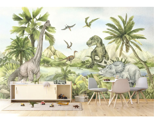 Kinderkamer met dinosaurierbehang, kast en speelgoed