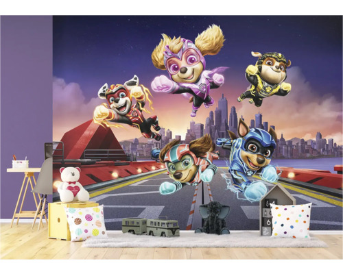 Kinderkamer met Paw Patrol muurschildering met superheldenhonden