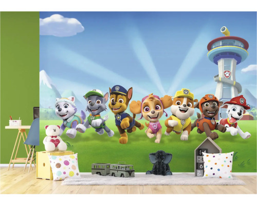 Wandafbeelding met Paw Patrol motieven in een kinderkamer