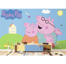 Peppa Pig fotobehang in de kinderkamer met speelgoed en een commode
