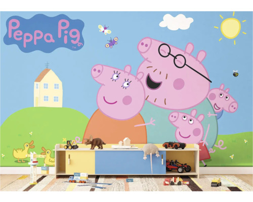 Peppa Pig fotobehang in de kinderkamer met speelgoed en een commode