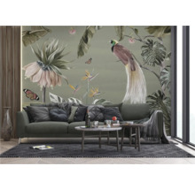 Woonkamer met fotobehang met vogel- en plantmotieven