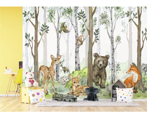 Muurschildering met bosdieren in kinderkamer
