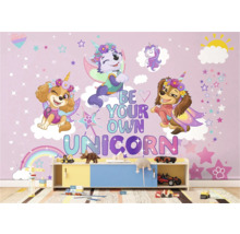 Kinderkamer met muursticker met Paw Patrol-personages als eenhoorns