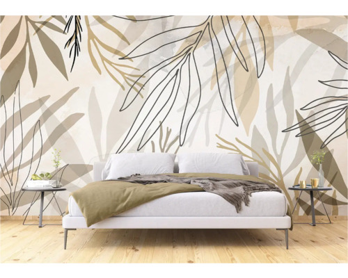 Slaapkamer met botanisch behang met bladeren