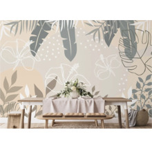 Woonkamer met bloemen fotobehang, eettafel en zitbank