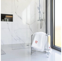 Moderne badkamer met handdoekrek, handdoeken, douche en opbergvak