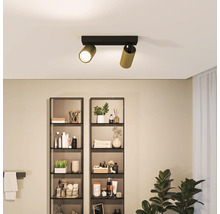 Tweearmige plafondlamp in badkamer met schappen.