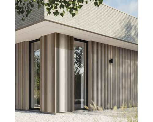 Buitenkant van een modern huis met houten gevelbekleding en grote ramen