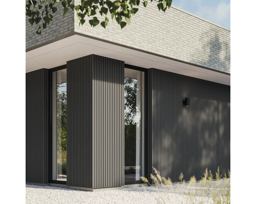 Buitenaanzicht van een modern huis met gevelbekleding en ramen