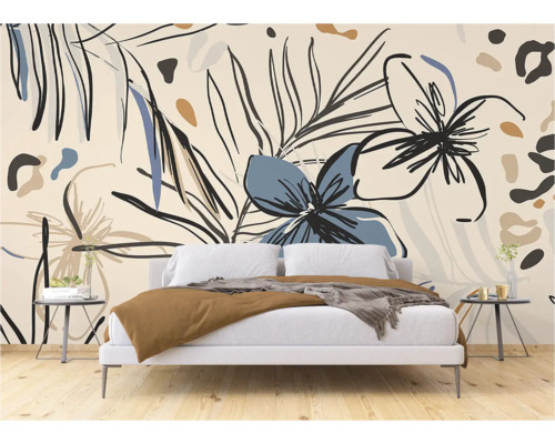 Slaapkamer met fotobehang met plantenmotief