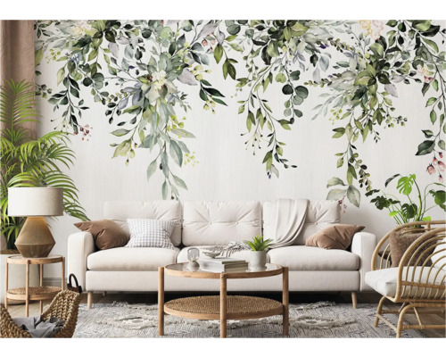 Woonkamer met bloemenfotobehang, bank en decoraties voor een gezellige sfeer