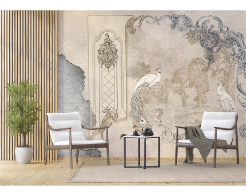 Woonkamer met behang, fauteuils en bijzettafel voor een stijlvolle inrichting