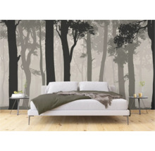 Slaapkamer met bosbehang en modern bed