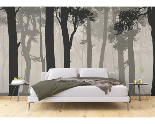 Slaapkamer met bosbehang en modern bed