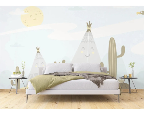 Slaapkamer met muurschildering met tipi's en cactussen