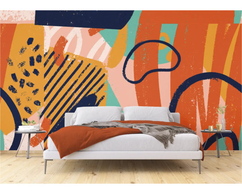 Slaapkamer met abstract behang en bed