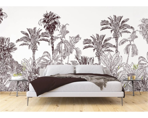 Slaapkamer met fotobehang met junglepatroon