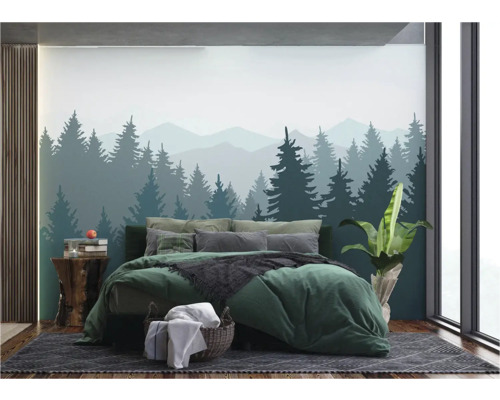 Slaapkamer met bosbehang, bed en nachtkastje