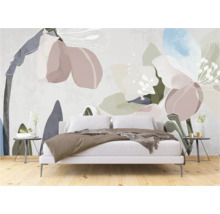 Slaapkamer met behang met abstract bloemmotief