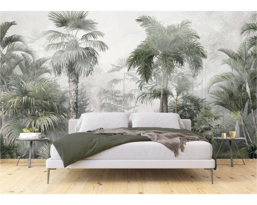 Slaapkamer met junglebos fotobehang en wit bed