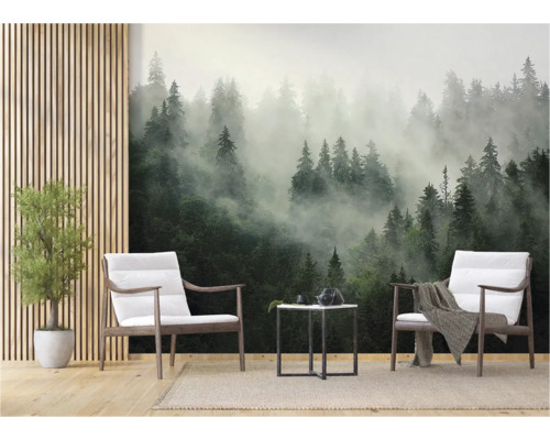 Woonkamer met fotobehang met een mistig bos, twee fauteuils en een klein tafeltje