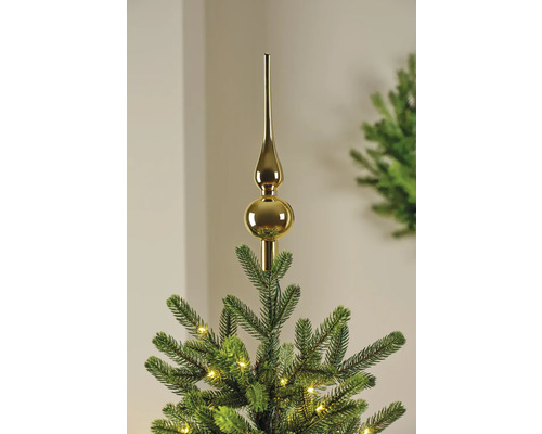 Goudkleurige kerstboompiek op een kerstboom