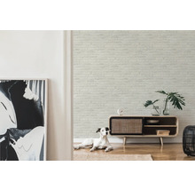 Woonkamer met een muur in baksteenlook, een dressoir, een decoratie en een hond