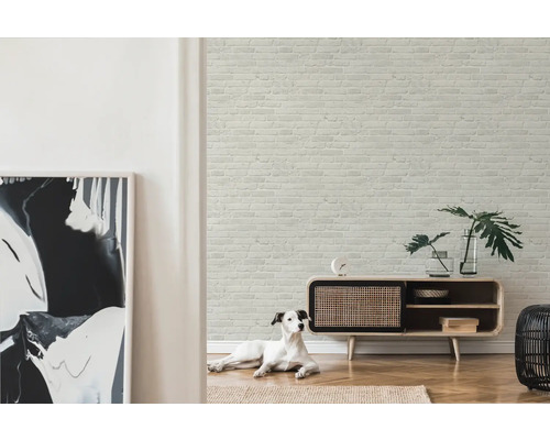 Woonkamer met een muur in baksteenlook, een dressoir, een decoratie en een hond