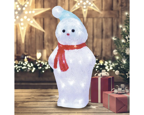 Decoratieve, verlichte sneeuwpop met muts en sjaal als kerstdecoratie